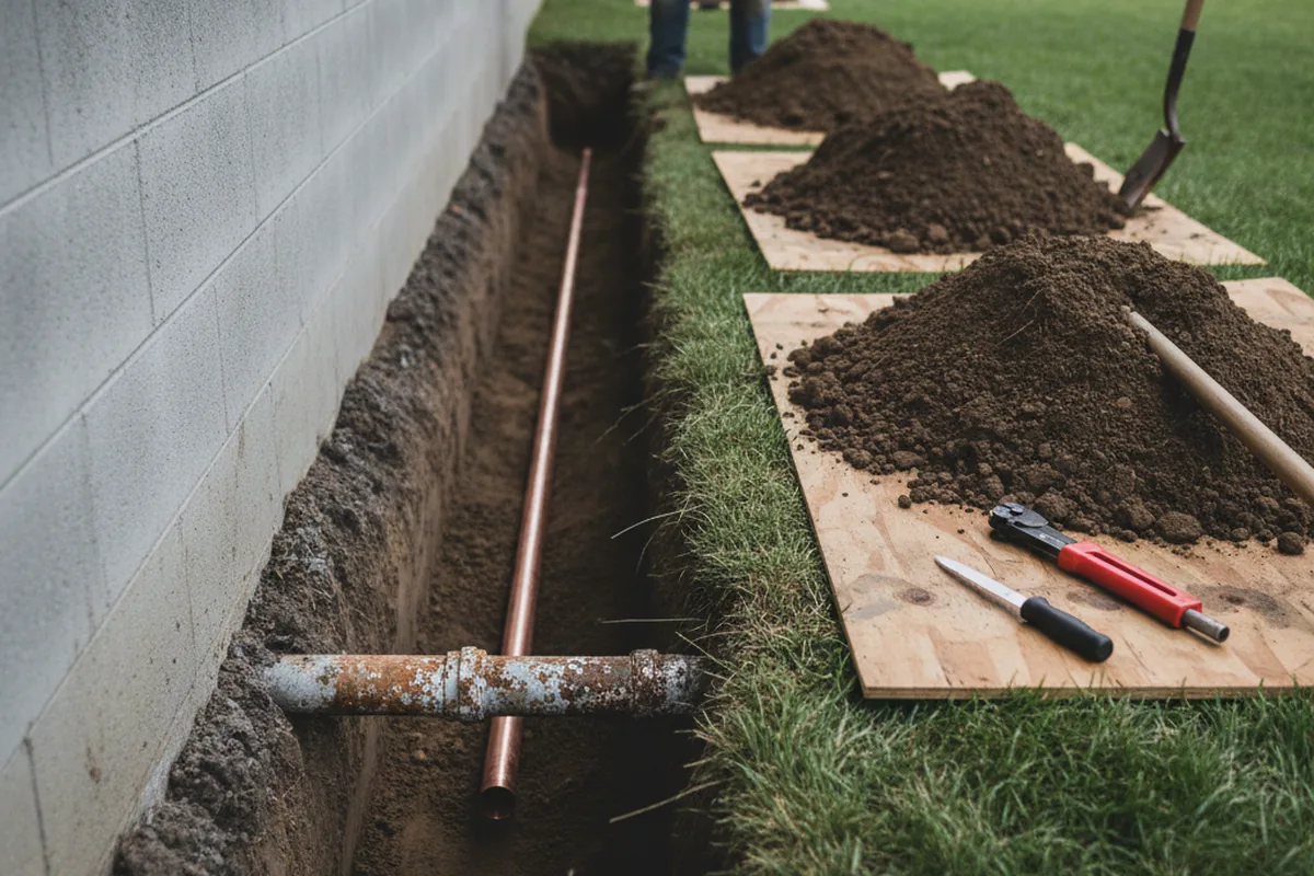 Excavated water line trench during Water Softener Installation in Fuquay Varina